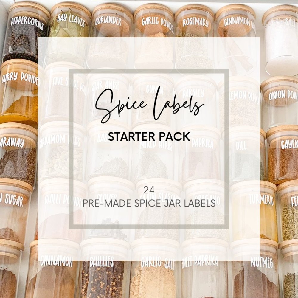 24 pre-made, modern spice jar labels in a pack for Australian kitchens.