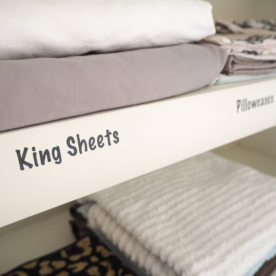 Labels, organised linen cupboard, custom labels, Love and Labels