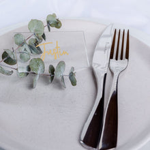 Load image into Gallery viewer, name label featured on an acrylic place card for a wedding table adding a personalised touch
