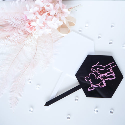 Custom acrylic cake topper with a name and age in elegant script font made in Australia 