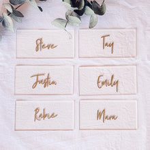 Load image into Gallery viewer, acrylic place cards personalised with guests name for wedding tables
