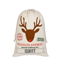 Load image into Gallery viewer, Personalised Santa Sack -Rudolph Express - Love and Labels
