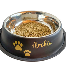 Load image into Gallery viewer, Custom pet bowl name label on a Black ceramic bowl – waterproof vinyl sticker
