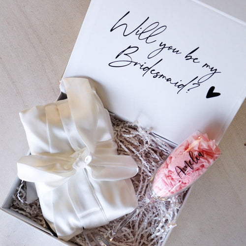 Elegant personalised bridesmaid proposal box with satin robe, magnetic lid, and personalised name for each bridesmaid.